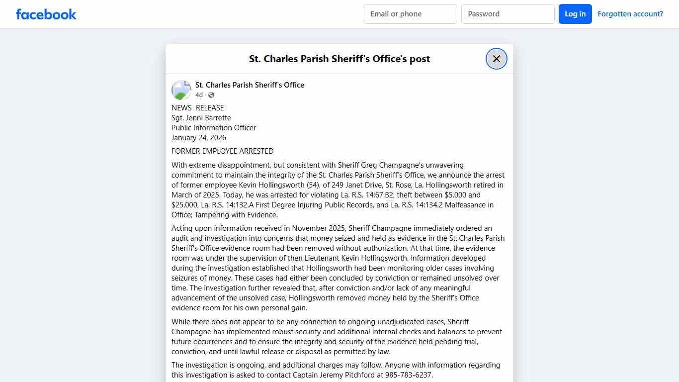 NEWS RELEASE Sgt.... - St. Charles Parish Sheriff's Office Facebook