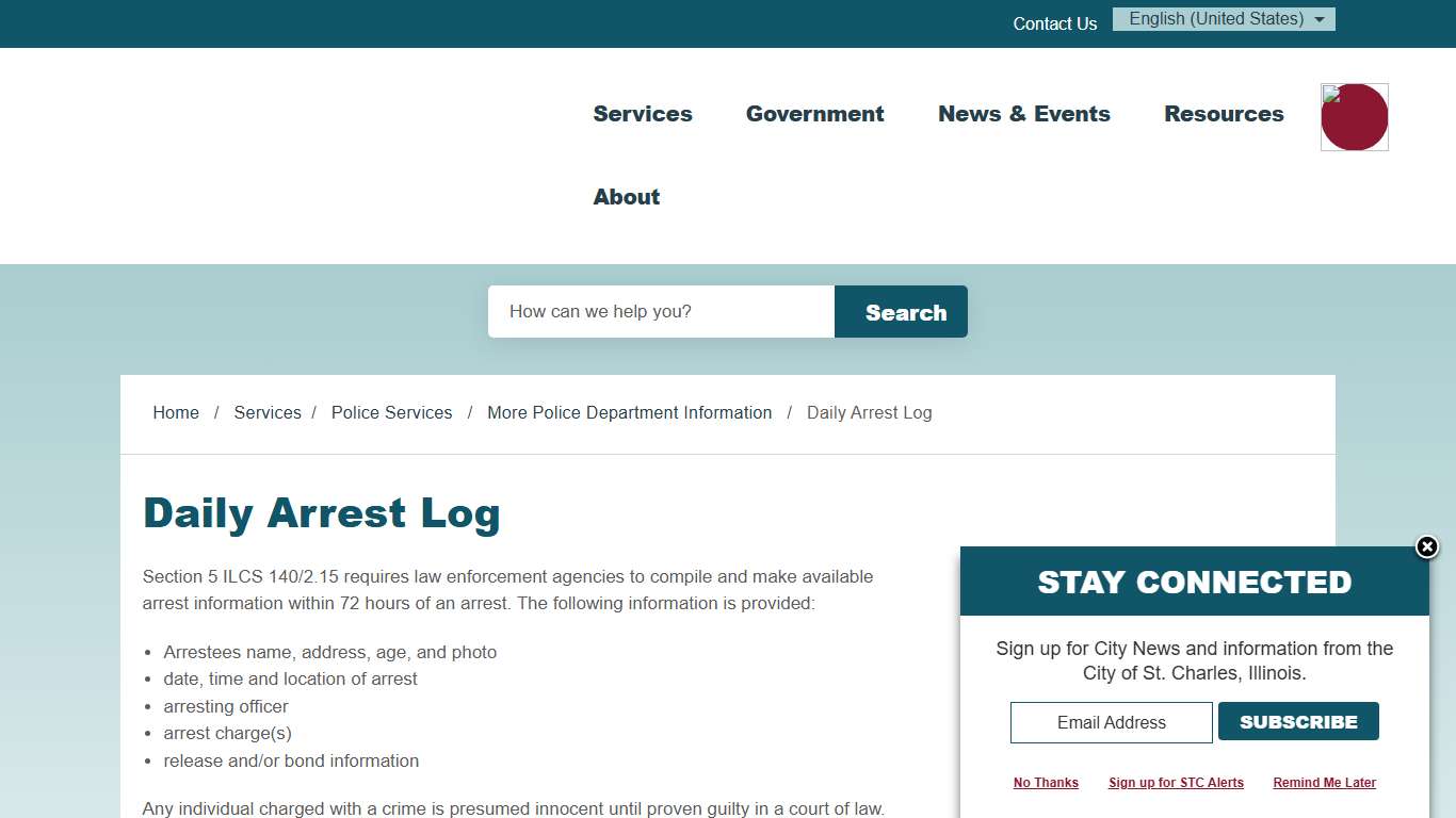 Daily Arrest Log - City Of St. Charles, IL
